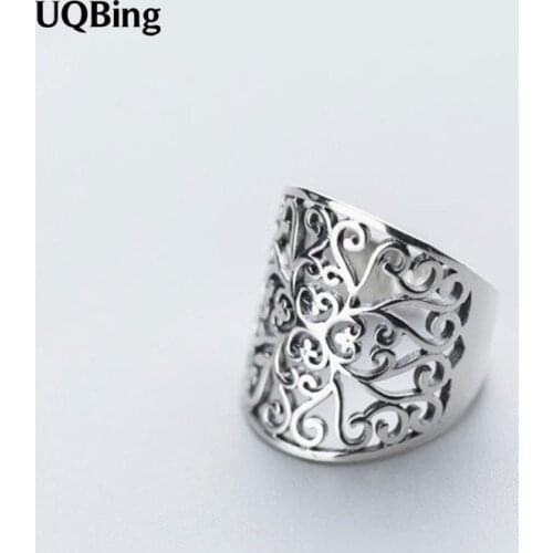 Thai Silver Wide Hollow Flower Pattern Finger Rings For Women Jewelry Gifts Wholesale