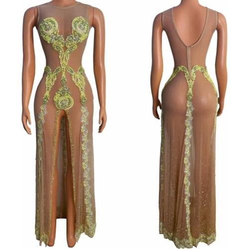 Sexy Green Mesh See Through Sequins Crystal Diamonds High Split Dresses Women Sleevless Perspective Nightclub Stage Dance Wear