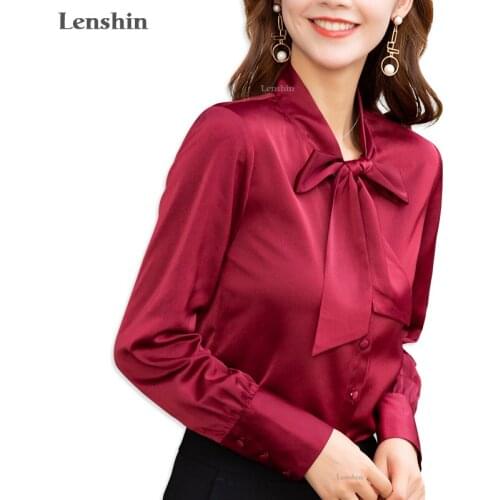 Lenshin New Fabric High-quality Smooth and Soft Bow Shirt for Women Blouse Tie Elegant Tops Long Sleeve Office Lady Work Wear