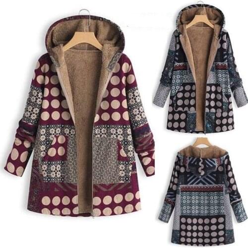 2021 Vintage Womens Winter Ethnic Coats Printed Pockets Hooded Plush Parkas Coats Long Sleeve Casual Oversize Zipper Jackets