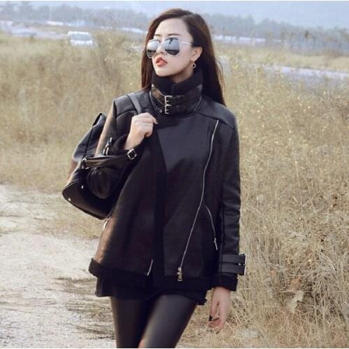 Winter Sheepskin Coats Women Thick Faux Leather Fur Coat European Fur Lining Leather Jacket Moto &biker Jacket casaco feminino