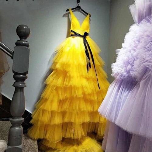 Golden Yellow Evening Dress Long Tiered High End Extra Puffy Dubai Prom Dresses Sleeveless Formal Gowns Customized Plus Size