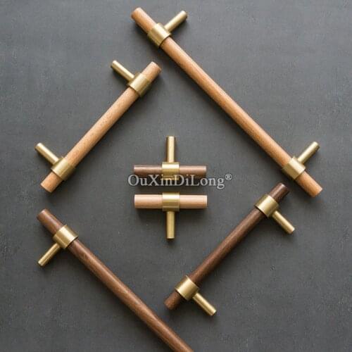 1PCS Wooden + Brass Furniture Handles Kitchen Cabinet Door Knobs Drawer Pulls Beech Wooden Handles for Furniture Pens GF466