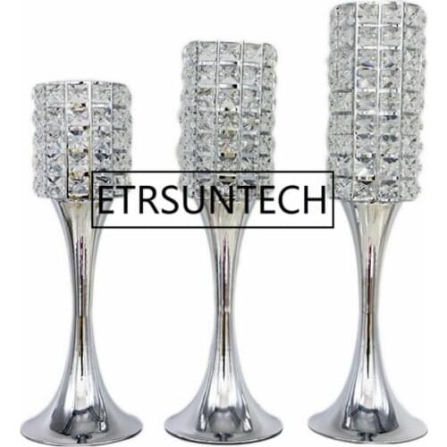 10pcs/lot Gold Silver Crystal Candle Holders Metal Candlestick Wedding Centerpieces Party Table Candelabra Home Hotel Decoration