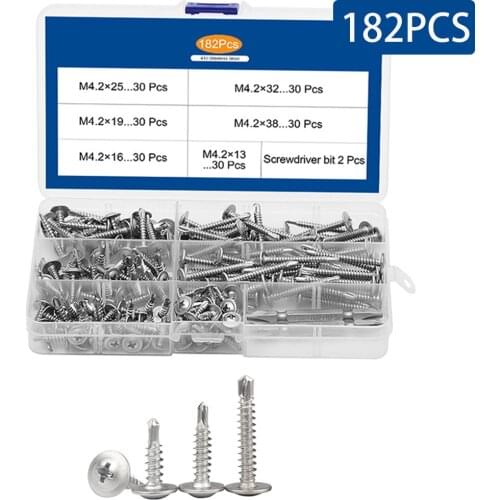 182PCS/Box M4.2 410 Stainless Steel Large Flat Head Self Tapping Screws Drilling Tail Screw Assortment Kit With Screwdriver Bit
