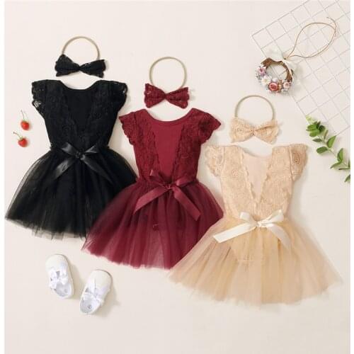 New Baby Girls 2Pcs Summer Outfits, Cute Fly Sleeve Lace Hollow Out Floral Romper + Tulle Skirt + Headband Set, 0-18Months