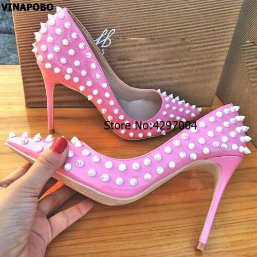 2018 sexy Solid Pink Rivets Decoration Women Pointed Toe Shallow Pumps Summer Fashion Slip On High Thin Heel Party wedding Shoes