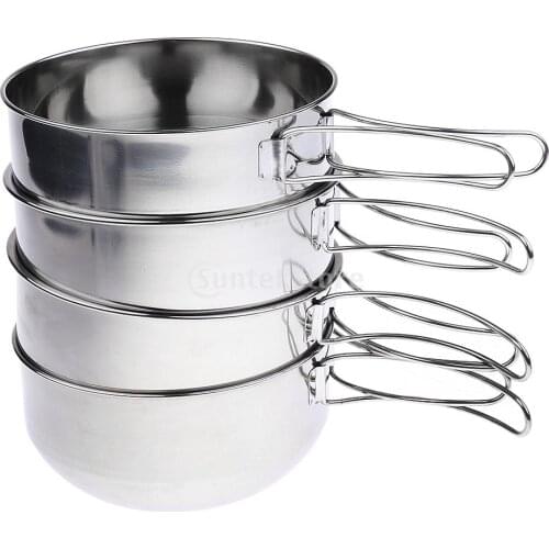 4pcs/set Large 500/700ml 304 Stainless Steel Camping Bowl Cooking Pot with Folding Handle & Storage Mesh Bag