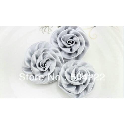 70pcs hand made shiny silver rosette Satin rolled Ribbon Fabric Flowers 55mm