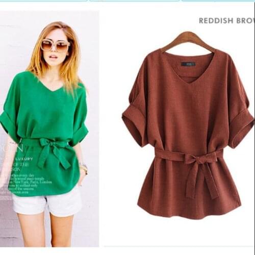 2020 Summer Plus Size 5XL shirt women Linen short sleeve chiffon blouse green Bow Loose vintage ladies tops blusas mujer AD9