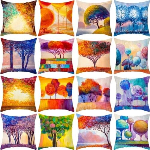 Color Oil Painting Trees Pattern Decorative Pillowcase Polyester Cushion Cover 45X45 Fall Pillow Cover Sofa Cushions Home Decor