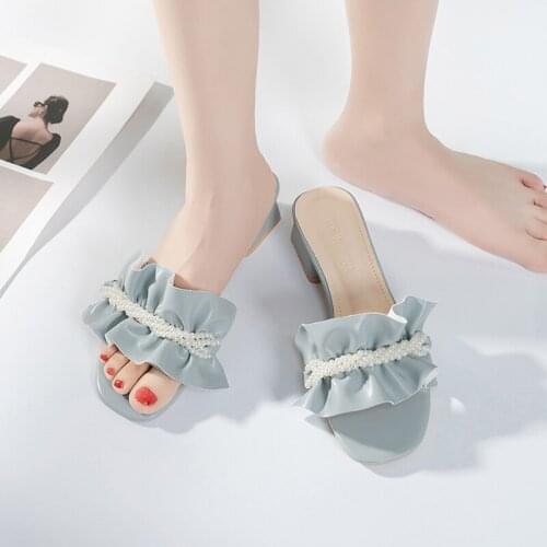 Elegant Fashion Pearl Ruffled Square Head Open Toe Solid Color Simple Ladies Slippers Summer Casual Slippers Large Size 35-40
