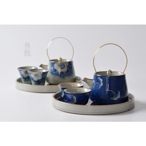 China Jingdezhen blue and white porcelain teapot small hand-painted coarse tea pot Japanese Kung Fu tea set service gift