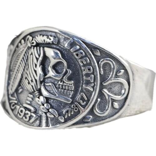 New 100% solid S925 pure silver jewelry retro Thai silver portrait skull ring adjustable fashion men and women rings