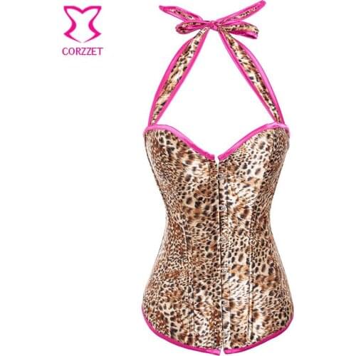Brown Leopard Satin Halter Espartilhos Corset Corselet Ovebust Bustier Sexy Burlesque Korsett For Women Corsets and Bustiers