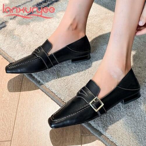 Lanxuryee new early spring shoes natural leather square toe low heel gladiator retro classic colors simple style women pumps L09
