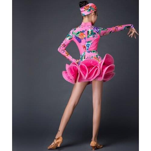 Fashion ChildrenS Latin Dance Dress Girls Practice Clothes Printed Milk Silk Ballroom Salsa Dresses Dancing For Kids