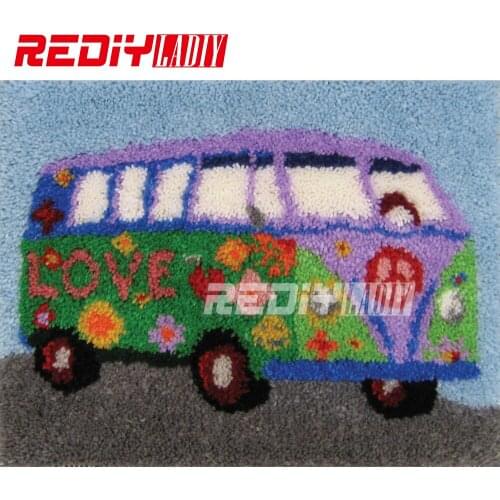 Latch Hook Kits Acrylic Yarn Embroidery DIY Carpet Rug Green Love Bus Multi-Colour Pre-Printed Wall Hanging Unfinished Crafts