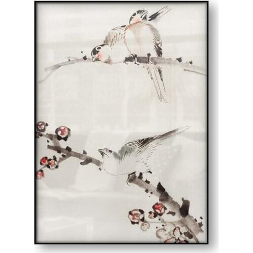 Three Birds Perched on Branches Katsushika Hokusai Vitnage Japanese Art Poster Woodblock Canvas Print Asian Painting Home Decor