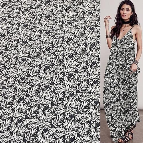 Fashion white leaves print on black background silk cotton fabric 17momme,SCT401