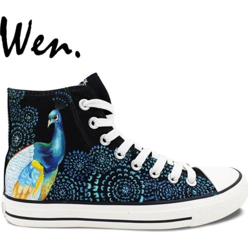 Wen Original Hand Painted Shoes Design Custom Peacock Feather Men Womens High Top Canvas Sneakers Birthday Gifts