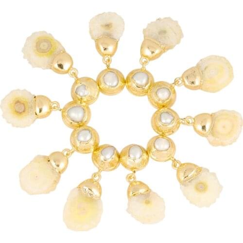 TUMBEELLUWA Natural Druzy Quartz Crystal Stone Pearl Bead Dangle Drop Earrings for Women, Gold Tone