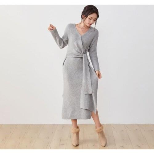 Womens Dress Mid-Calf Long Sleeve V-Neck Single Plain With Belt Pullover New Style Suit Fall Winter Casual Female Knit Dress