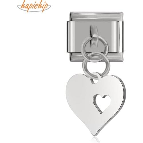 Hapiship 9mm Width Original Daisy Cutting Polishing Heart Italian Charm Fit 9mm Bracelet Stainless Steel Jewelry Making DJ167