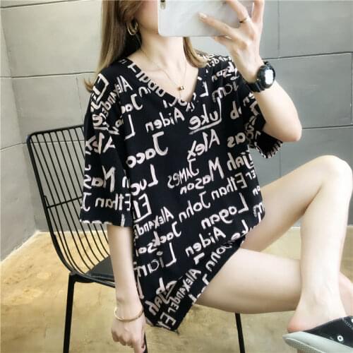2021 Summer New Plus Size Womens Loose Black V-neck Top T Shirt for Women
