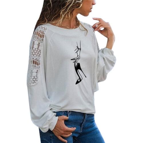 Woman Hand Stilettos Shoe Lady Print Girl T Shirt Funny Teeshirt Women Clothing Casual Long Sleeve Large Size Loose Lace Tops