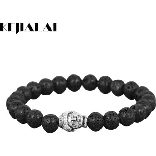 KEJIALAI 1pcs 2018 8mm Fashion Volcanic Lapis Lazuli Stone Beads Bracelet Silver Color India Buddha Head Bracelets For Men/Women