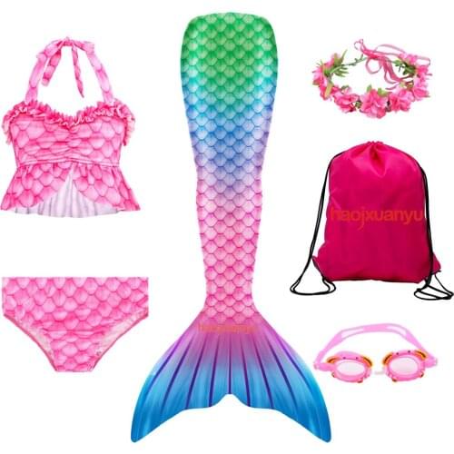 Girls Mermaid Costume 6 Pcs Swimsuit Set Mermaid Tail Swimming Swimwear Birthday Party Dress with Goggle Garland Storage Bag