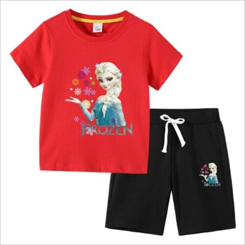 Disney Hot Girls Clothes Sets Summer Frozen Elsa short sleeve top cartoon print skirt 2-piece kids Childrens Clothing Suit
