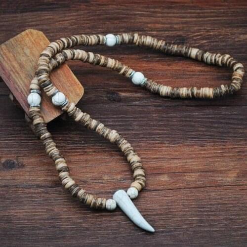 Men Beaded Necklace Tribal Style Coconut Shell Necklace with stone beads Horn Tooth Pendants Necklace Geometry Jewelry gift