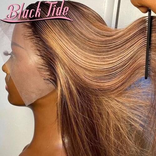 Straight Lace Front Wig P4/27 Highlight Transparent 13x4 Lace Front Human Hair Wigs Peruvian 200% Remy 30 Inch Lace Front Wig