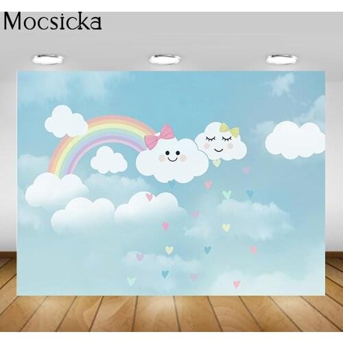 Rainbow Blue Sky Newborn Birthday Photo Background Cartoon White Cloud Baby Children Portrait Backdrop Photography Photocall