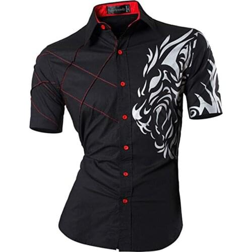 Sportreny Men Shirts Dress Casual Lion Summer Short Sleeve Slim Fit Fashion Stylish Tattoo Printed JZS060