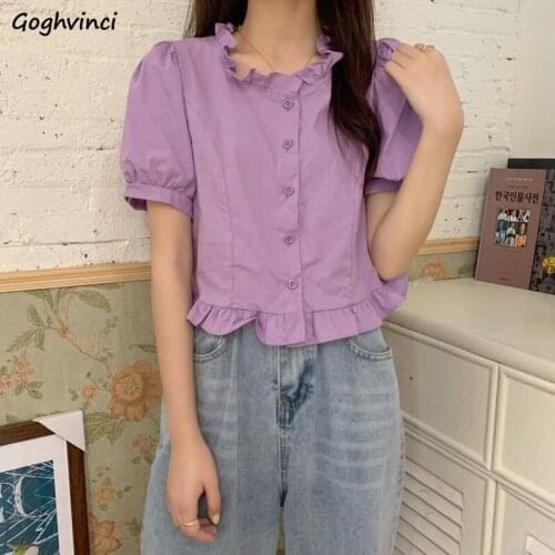Shirts Women Solid Fashion Simple Ruffles Sweet Hot Summer Street Style Basic Ulzzang Leisure Crops Chic Puff Sleeve Tender Tops