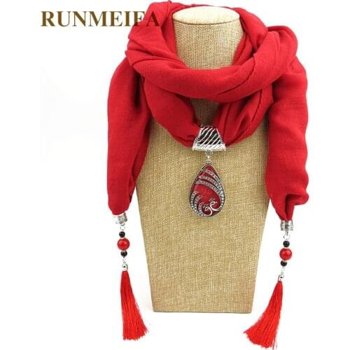 RUNMEIFA Women Muslin Jewelry Tassels Scarf Necklace Pendant Neckerchief Scarves Women Muffler Lady Polyester Cotton Scarf Shawl