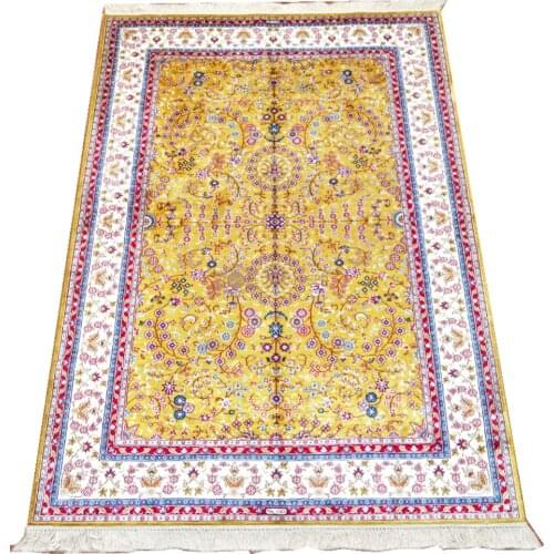 Seeykeep™ 4x6ft Oriental Silk Handknotted Rug Used Exquisite Arab Floral Vines With Golden Backcolor pattern -NY3016067