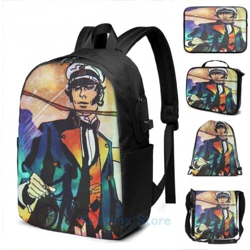 Funny Graphic print Corto Maltese USB Charge Backpack men School bags Women bag Travel laptop bag