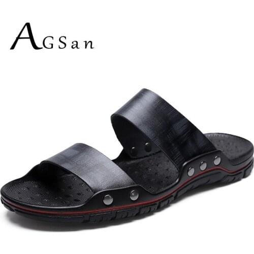 Genuine Leather Men Slides Large Size 48 47 Outdoor Summer Slippers Beach Shoes Comfortable Men Flats Breathable Leather Sandals