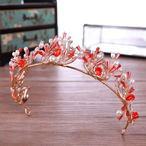 Red Crystal Tiaras Bridal Pearl Crowns For Women Rhinestone Hair Accessories Princess Wedding Pageant Jewelry Hair Ornaments