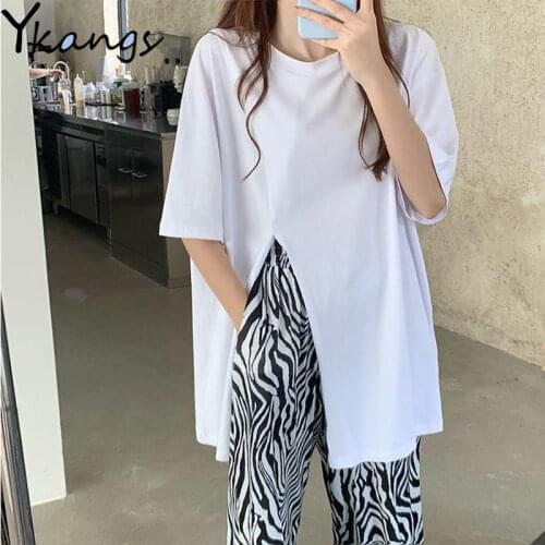 Side Slit Loose Side-slit Solid White Chic Short T-shirt Women Summer High Waist Slit Wide Leg Pant Harajuku Zebra Print Trouser