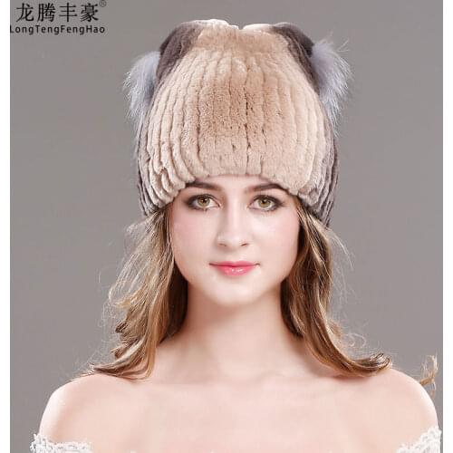 Women Hat Beanies Winter Fur Natural Rex Rabbit Fur Hat Fox Fur Design Fashion Beanies Caps Brand New Russian Winter Fur Hats