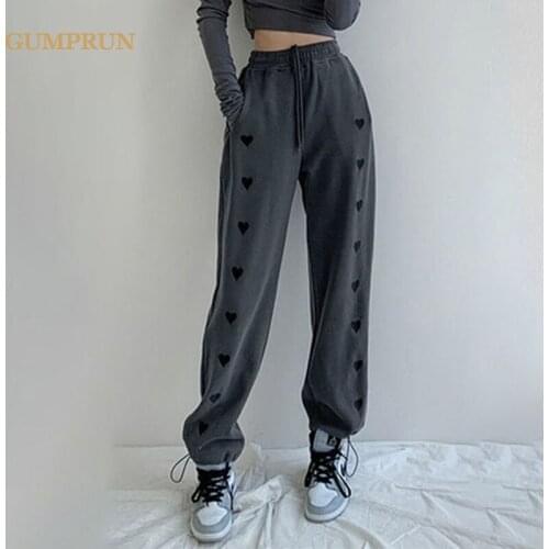 2021Women Pants 100 % Pure Cotton Sweatpants Casual Black High Waist Love Print Drawstring Elastic Waist Joggers Trousers