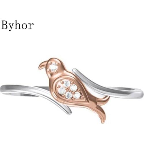 Byhor Solid 14K White+Rose Gold 0.03ct H/SI Natural Diamonds ring Women Fine Jewelry Trendy Wedding Band кольцo bird кольцa