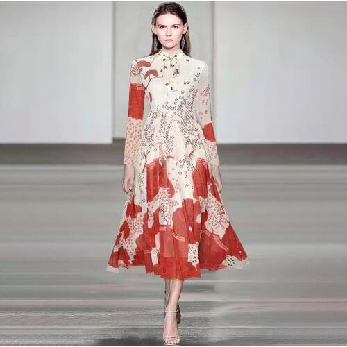 Red Print Spring Party Dress Women Bow Collar Long Sleeve Vintage Runway Dress High Waist Party Dress Plus Size Flowers C757