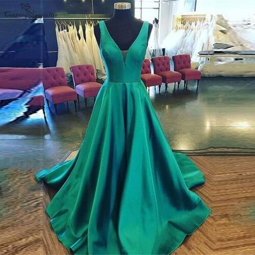 Simple Satin Evening Dresses 2020 Pockets V-Neck Open Back A-Line Long Formal Party Gowns Prom Dresses Robe De Soiree Cheap