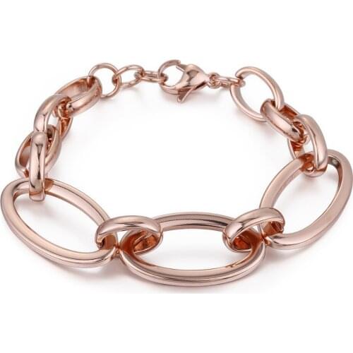 15mm Gold Pink Stainless Steel Chain Bracelet for Men Women Oval Link Jewelry Gifts DKB437